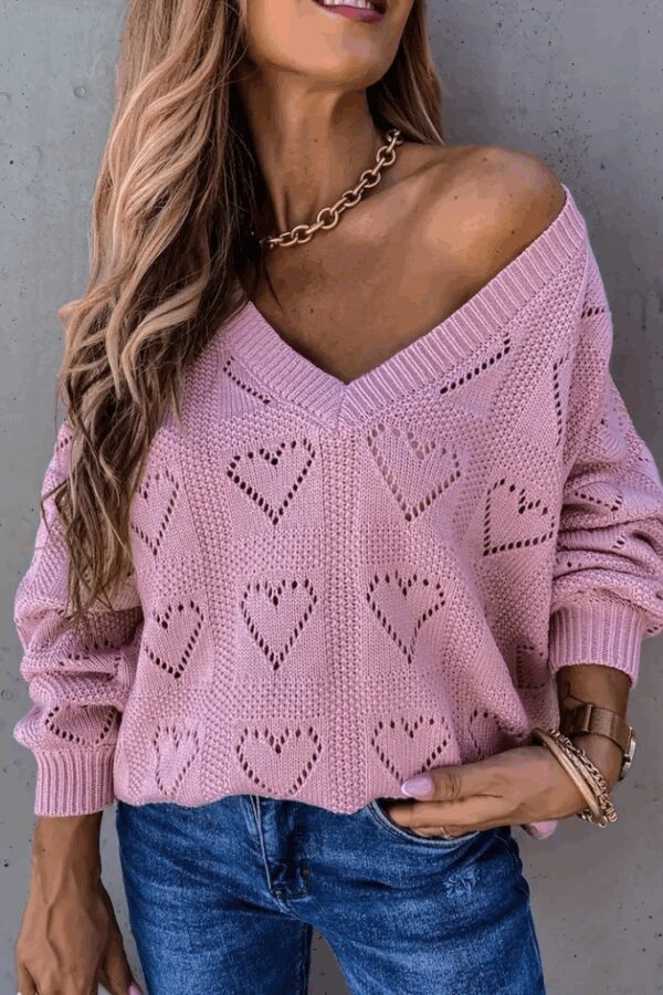 Kadın Uzun Kollu V Yakalı Kalpli Salaş Triko Bluz