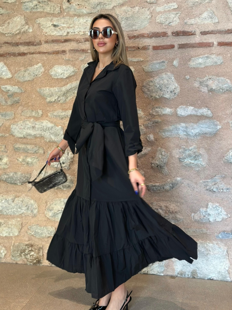 Kadın Uzun Kollu Eteği Fırfırlı Beli Kuşaklı Trikoton Tam Boy Gömlek Elbise - Görsel 9