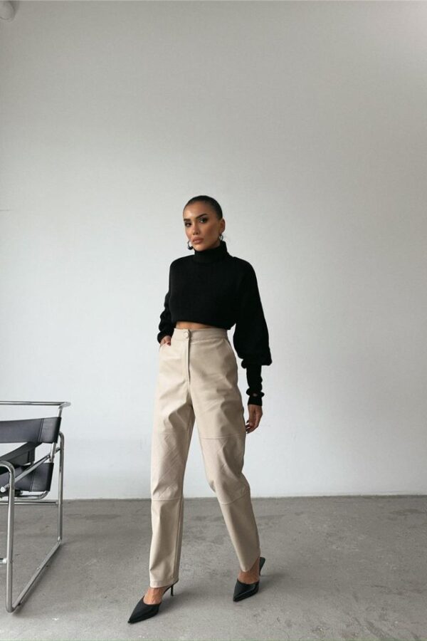 DERİ PANTOLON DİZ PARÇALI - Taş