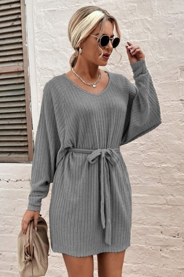 Kadın Uzun Kollu Fitilli şardonlu Detay Buklet Kuşaklı Yumoş Elbise