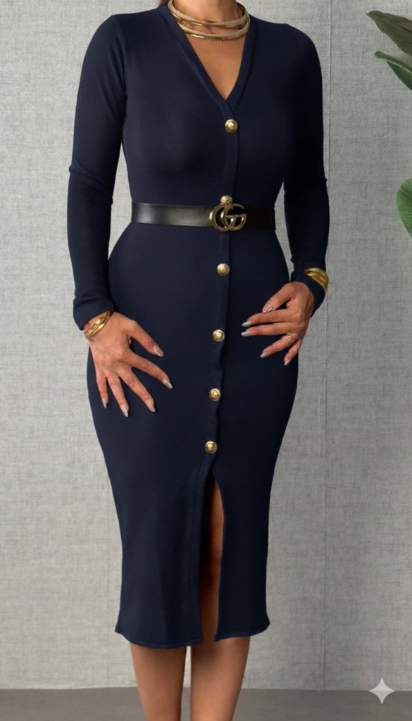 Kadın Uzun Kollu V Yakalı önden Düğmeli Yırtmaçlı Modal Midi Kemersiz Elbise - Görsel 6