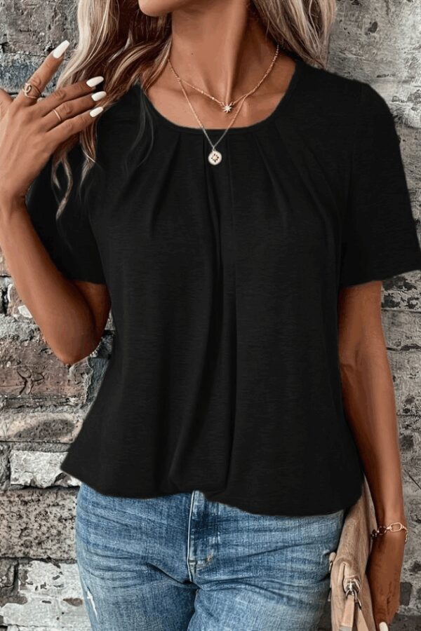 Kadın Kısa Kollu Yuvarlak Yaka önden Pileli Salaş Viskon Bluz