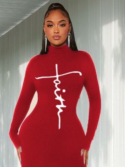 Kadın Uzun Kollu Boğazlı Baskı Detaylı Viskon Tam Boy Elbise - Görsel 4