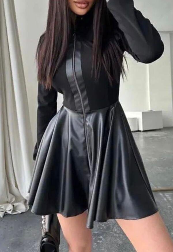 Kadın Uzun Kollu Scuba Dalgıc Kumaş Deri Ve Fermuar Detaylı Fırsat ürün Elbise