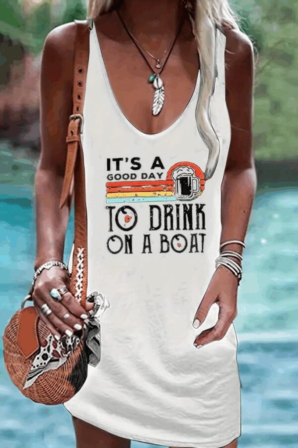 Kadın Sıfır Kol Askılı V Yaka Good Day Baskılı Viskon Elbise