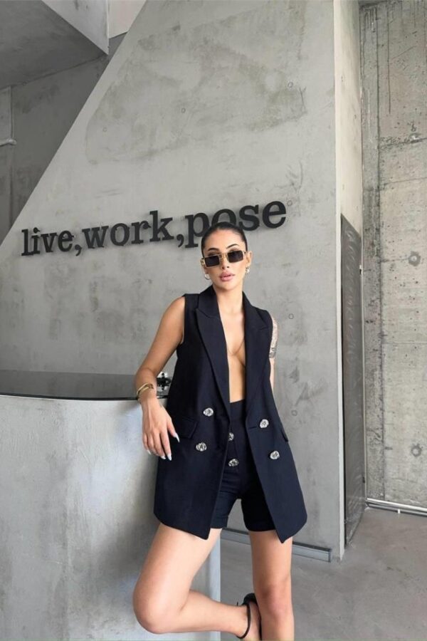 KETEN YELEK - ŞORT TAKIM - Siyah