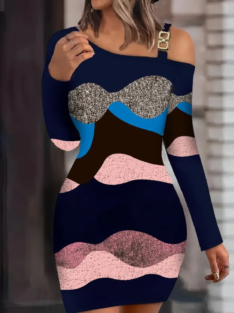 Kadın Uzun Kollu Tek Omuzu Askı Toka Detaylı Kısa Dalgıç Elbise - Görsel 3