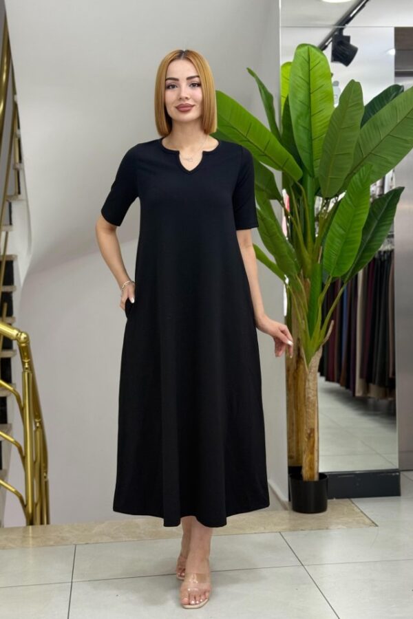 Kadın Kısa Kollu V Yakalı Cep Detaylı Uzun Janjan Krep Elbise