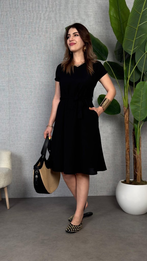 Kadın Kısa Kollu V Yakalı Beli Kuşaklı Ithal Keten Elbise - Görsel 2