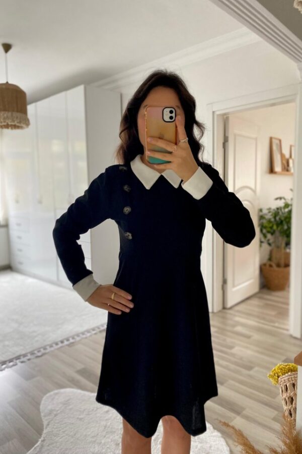 Kadın Uzun Kollu Yakalı A Kesim Kısa Ithal Krep Elbise