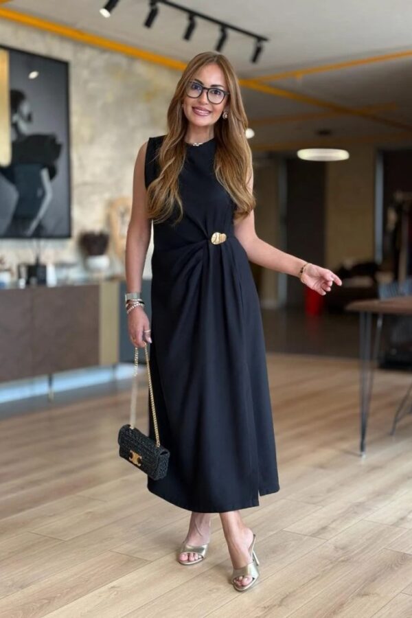 Kadın Sıfır Kollu Bisiklet Yaka Belden Büzgülü Yırtmaç Detaylı Janjan Krep Elbise