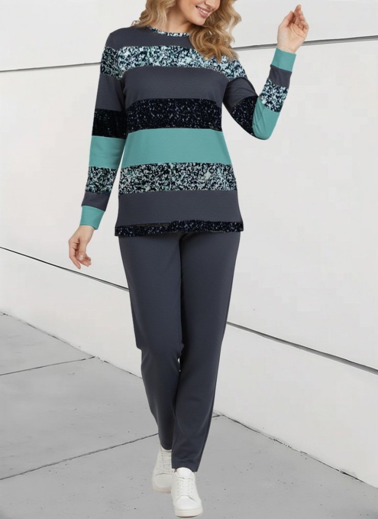 Kadın Uzun Kollu Bisiklet Yaka çizgili Desen Iki Iplik Bluz Ve Pantolon Ikili Takım - Görsel 14