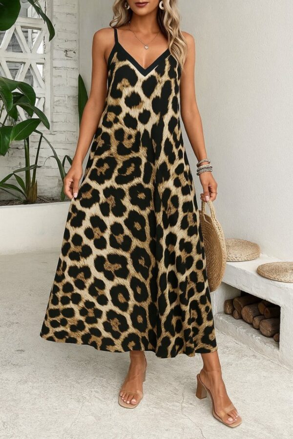 Kadın Ip Askılı Geniş V Yakalı Leopar Desenli Süprem Elbise