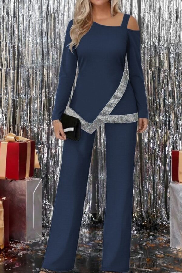 Kadın Tek Omuzdan Açık Uzun Kollu önü Pulpayet Ithal Krep Bluz Ve Pantolon