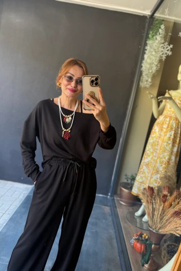 Kadın Uzun Kollu Tek Omuzdan Açık Viskon Iki Iplik Bluz Ve Pantolon Ikili Takım