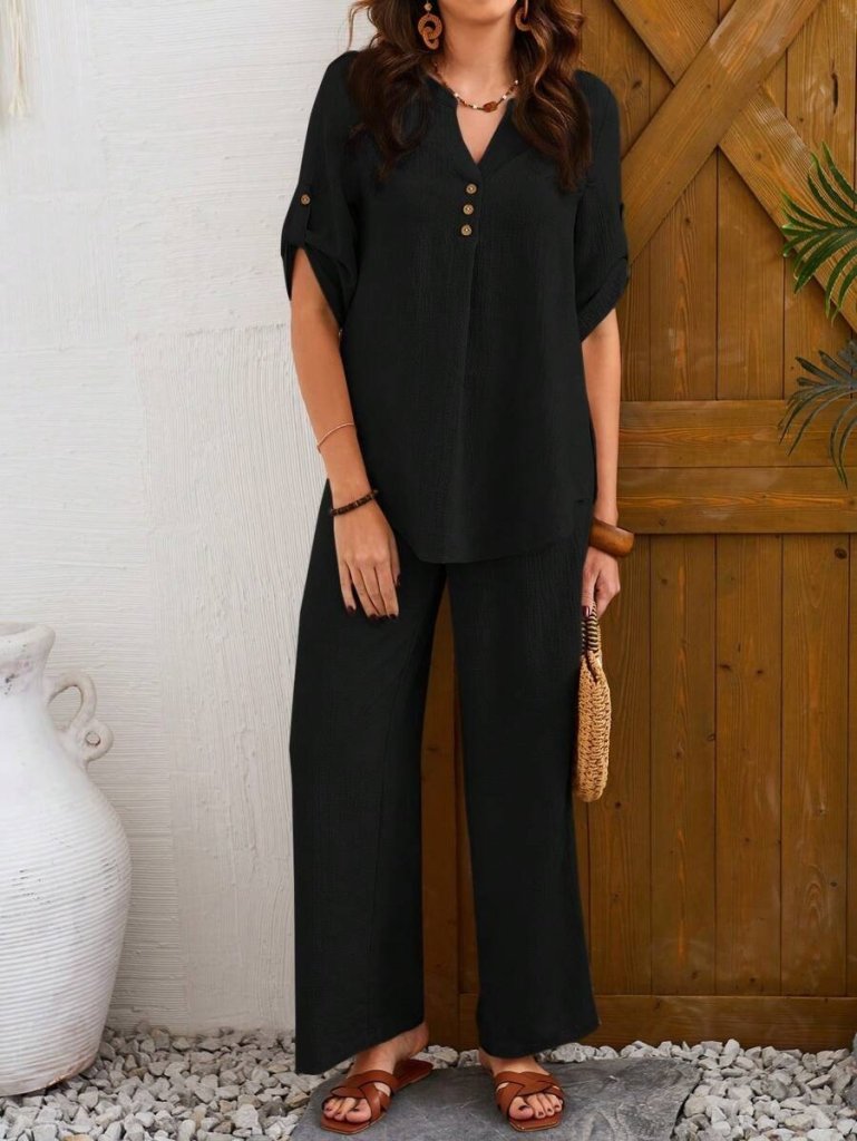 Kadın Kısa Kollu V Hakim Yaka Düğmeli Bürümcük Bluz Ve Pantolon Ikili Takım - Görsel 2