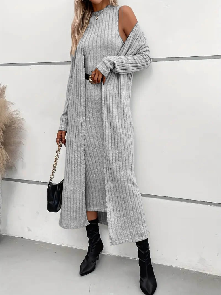 Kadın Uzun Kollu Yarı Balıkçı Yaka şardonlu Dalgıç Elbise Ve Uzun Hırka Ikili Takım - Görsel 2