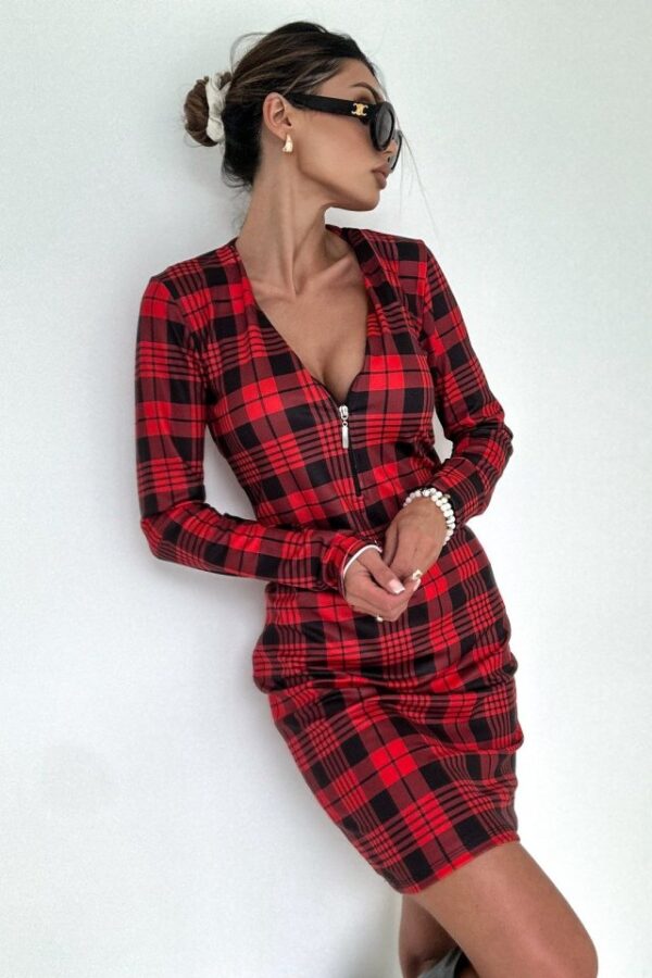 Kadın Uzun Kollu Fermuarlı Ekose Baskılı Dalgıç Elbise