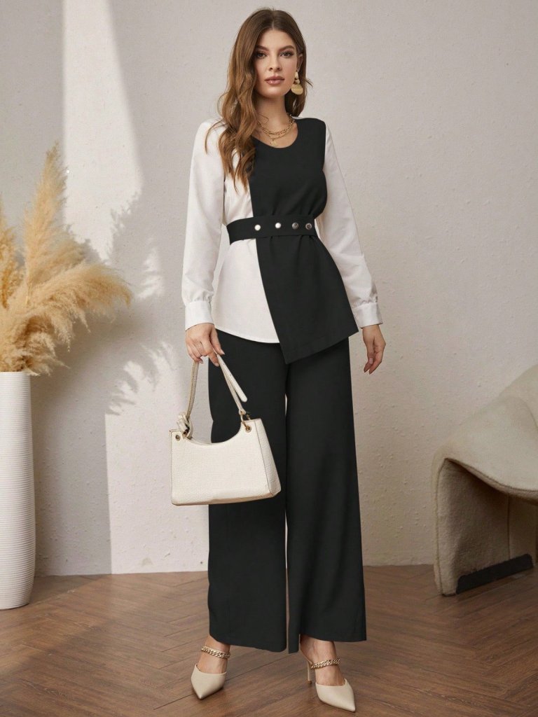 Kadın Uzun Kollu Açık Yakalı çift Renkli Kemerli Ithal Krep Ikili Takım - Görsel 14