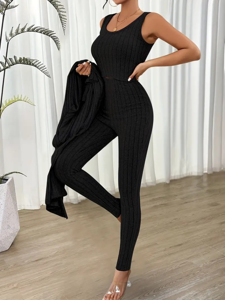 Kadın Yuvarlak Yaka Askılı Krop Bluz Yüksek Bel Tayt Ve Uzun Hırka şardonlu Kaşkorse üçlü Takım - Görsel 5