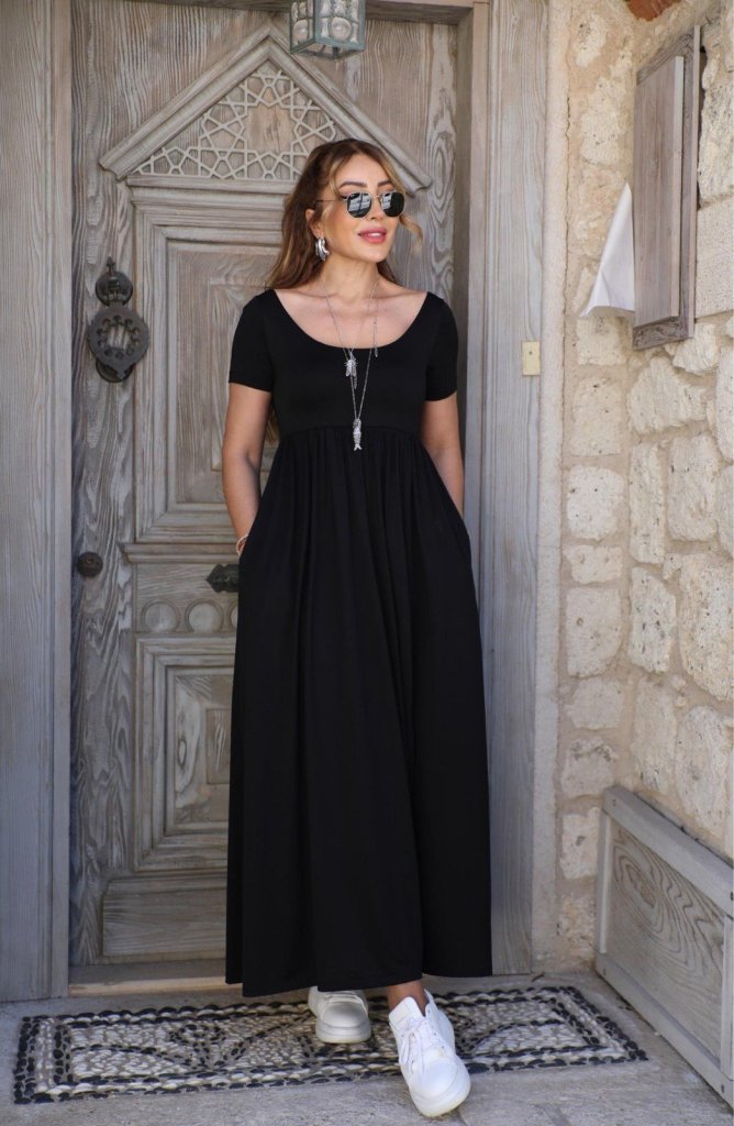 Kadın Kısa Kollu Yuvarlak Yaka önden Yırtmaçlı Cepli Viskon Uzun Elbise - Görsel 3