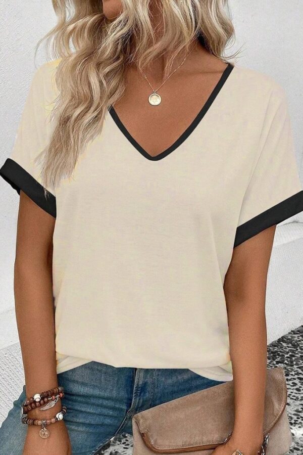 Kadın Kısa Kollu V Yakalı çift Renkli Viskon Bluz