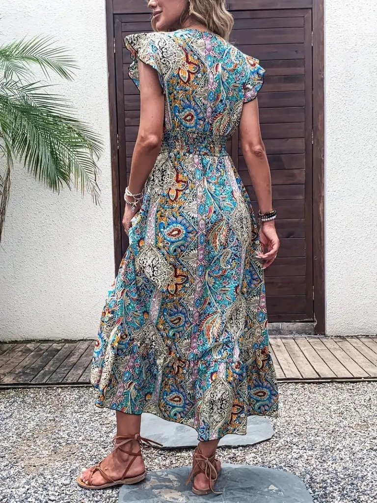 Kadın Kısa Kollu Kruvaze Yakalı Desenli Maxi Elbise - Görsel 6