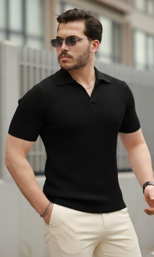 Erkek Kısa Kollu Yakalı çizgi Desenli Triko Bluz