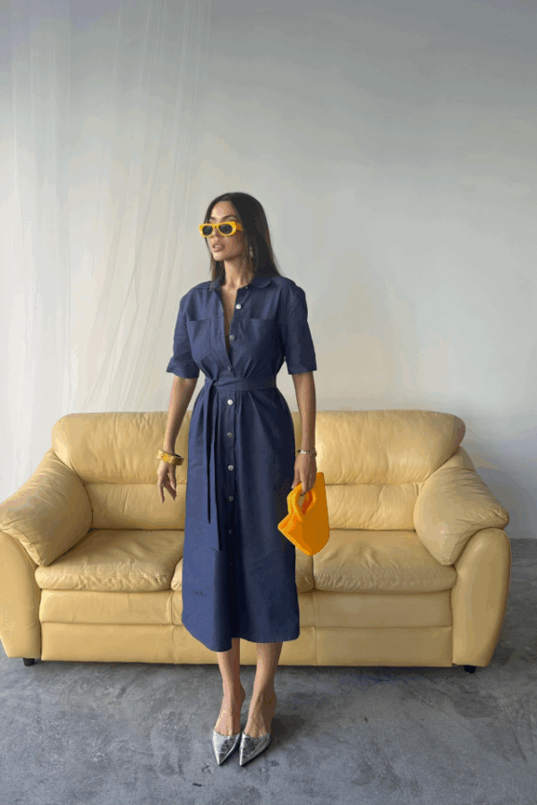 TENCEL ÖNDEN DÜĞMELİ KISA KOL ELBİSE - Mavi