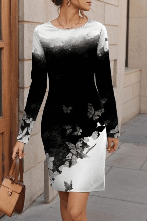 Kadın Uzun Kollu Bisiklet Yaka çiçek Desenli Kısa şardonlu Dalgıç Elbise