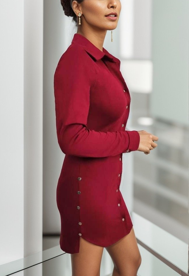 Kadın Uzun Kollu Polo Yaka ön Kısım çıtçıtlı Düğme Detay Scuba Krep Mini Boy Elbise - Görsel 13