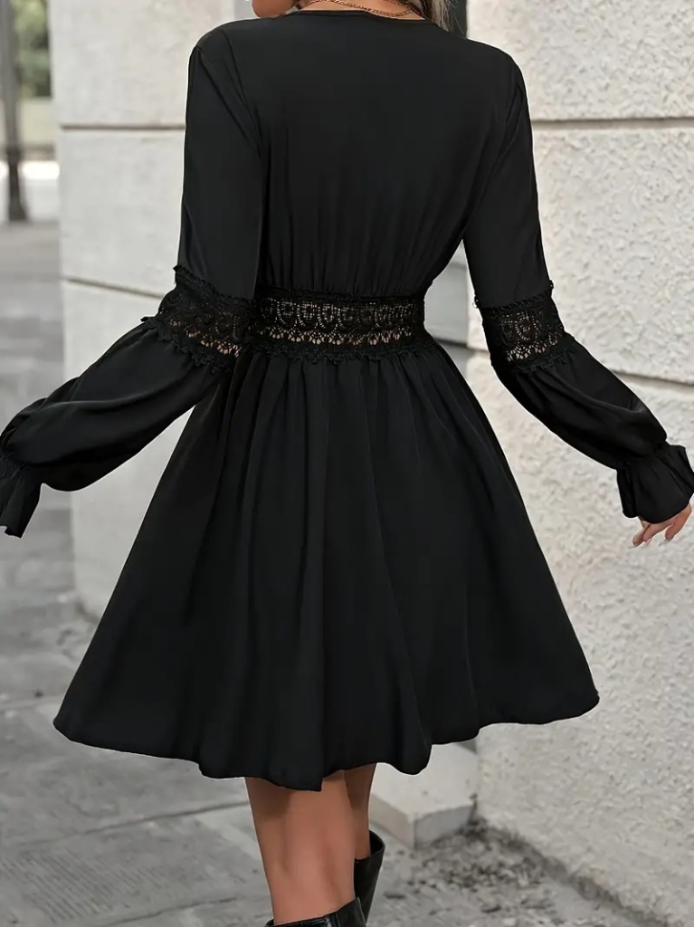 Kadın Uzun Kollu Kruvaze Yakalı Dantelli Fermuar Detaylı Mini Ithal Krep Elbise - Görsel 12