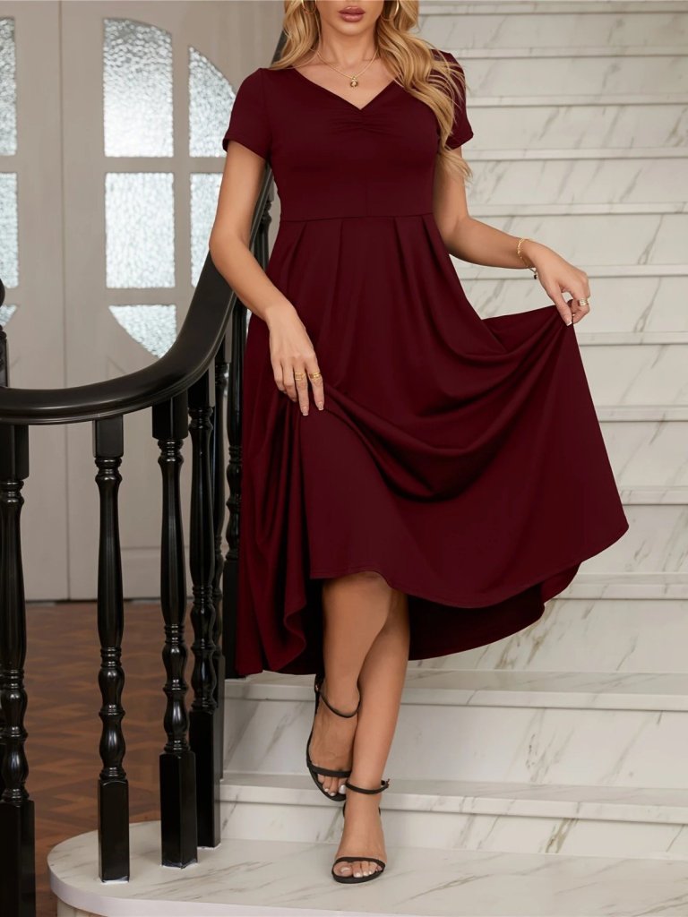 Kadın Kısa Kollu V Yakalı önden Pileli Midi Janjan Krep Elbise - Görsel 2