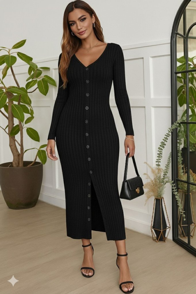 Kadın Uzun Kollu V Yakalı önden Düğmeli şardonlu Kaşkorse Elbise - Görsel 9