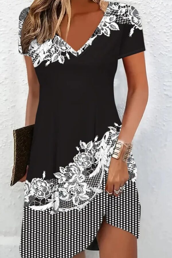 Kadın Kısa Kollu V Yakalı çiçek Baskılı Süprem Elbise