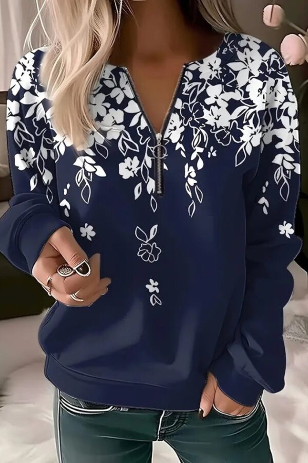 Kadın Uzun Kollu önden Fermuarlı çiçek Desenli şardonlu Dalgıç Bluz