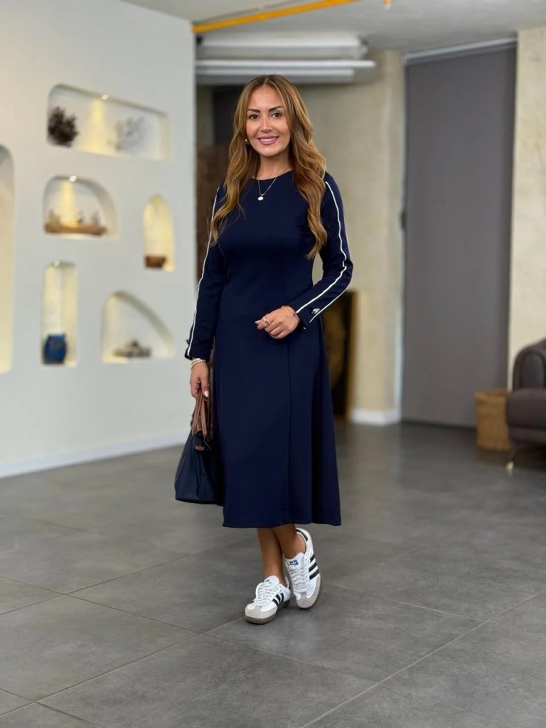 Kadın Uzun Kollu Bisiklet Yaka Midi Modal Elbise - Görsel 6