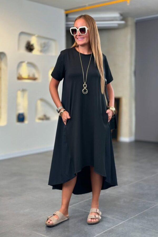 Kadın Kısa Kollu Bisiklet Yaka Asimetrik Kesim ön Viskon Arkası Trikoton Elbise