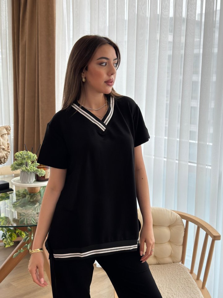 Kadın Kısa Kollu V Yakalı Iki Iplik Bluz Ve Pantolon Ikili Takım - Görsel 2