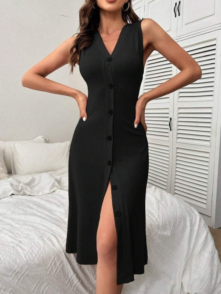 Kadın V Yakalı önden Düğmeli Kaşkorse Elbise - Görsel 5