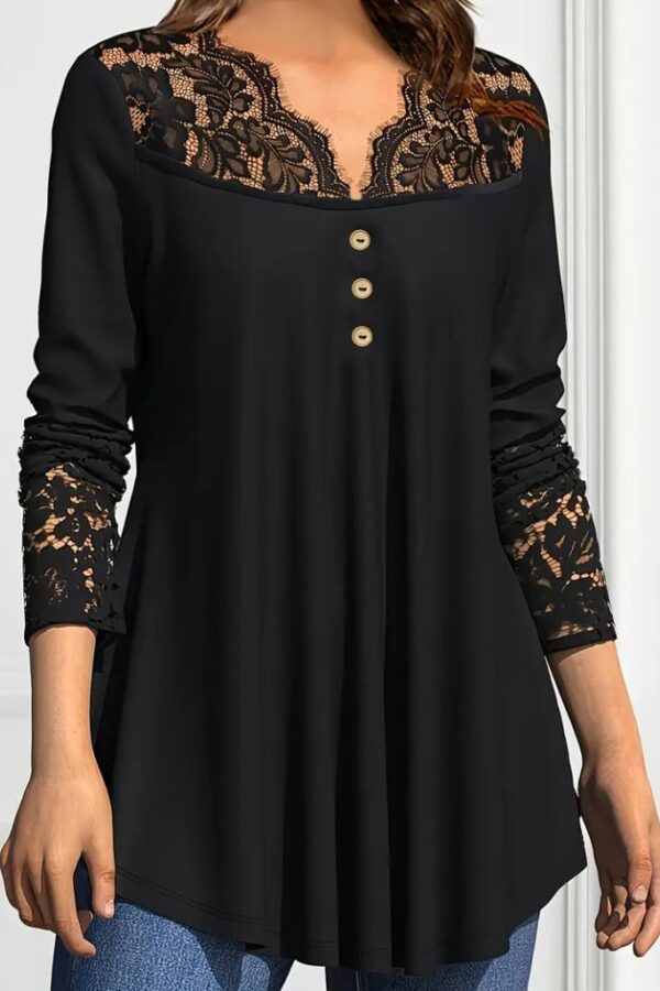 Kadın Uzun Kollu Dantel Detaylı Düğmeli Viskon Bluz
