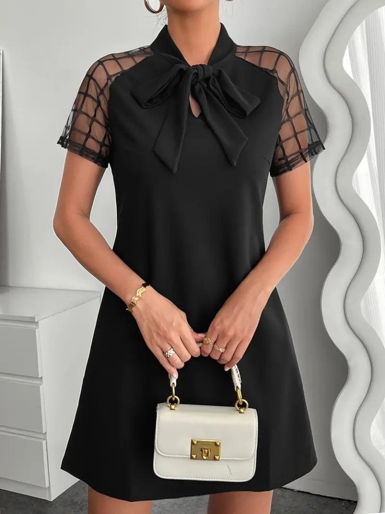 Kadın Kısa Kollu Boyundan Bağlamalı Omuzlarda Tül Detaylı Janjan Krep Elbise - Görsel 3