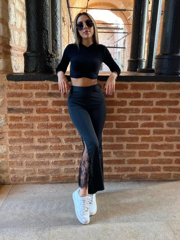 Kadın Dantel Eklemeli Ispanyol Paça Scuba Tayt Pantalon - Görsel 5