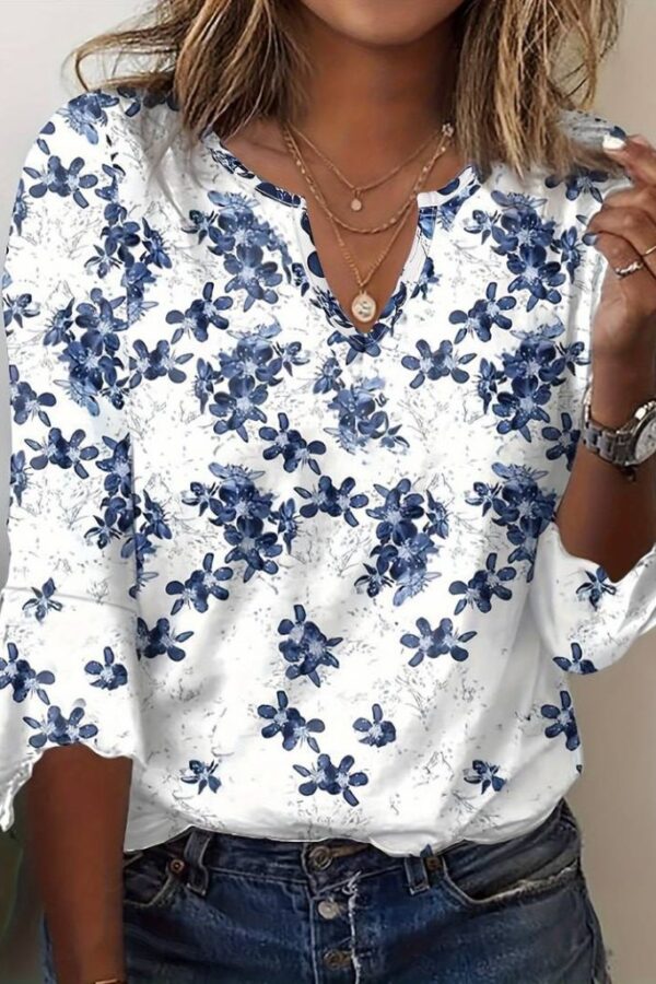 Kadın Fakir Kollu Fırfırlı V Yakalı çiçek Desenli Ithal Keten Bluz