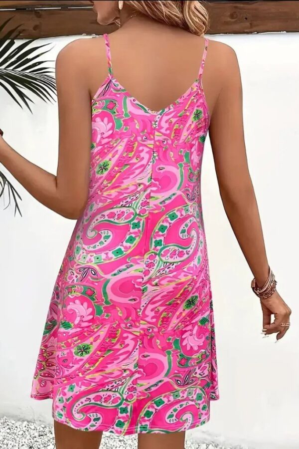 Kadın Ip Askılı V Yakalı Desenli Kısa Süprem Mini Elbise