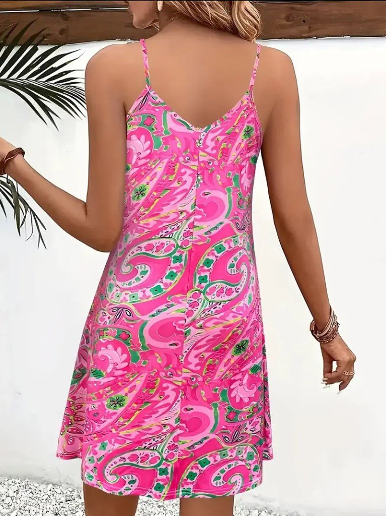 Kadın Ip Askılı V Yakalı Desenli Kısa Süprem Elbise - Görsel 6