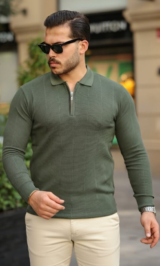 Erkek Pirinç Desenli Uzun Kollu Yakalı Triko