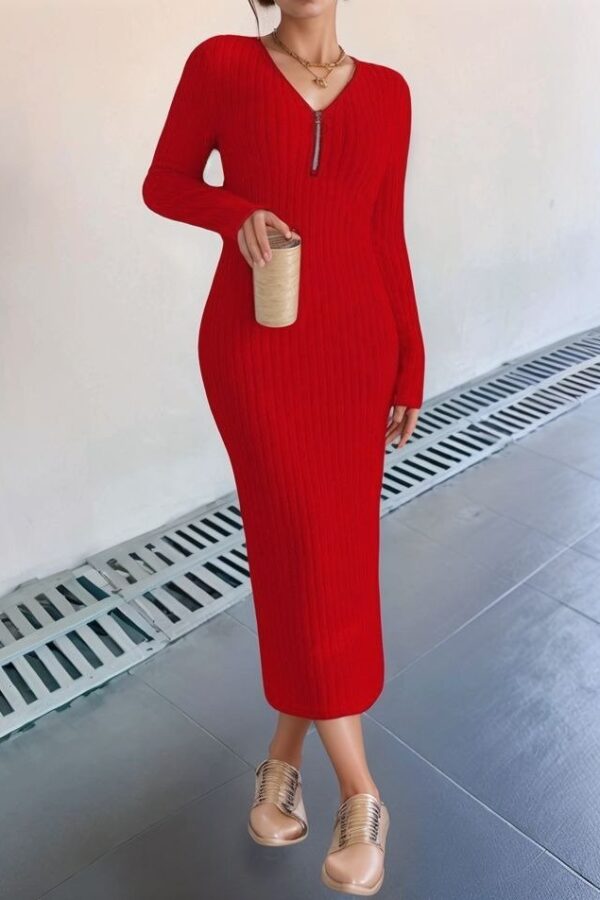 Kadın Uzun Kollu Fermuar Detay Fitilli Kaşkorse Kumaş Maxi Boy Elbise