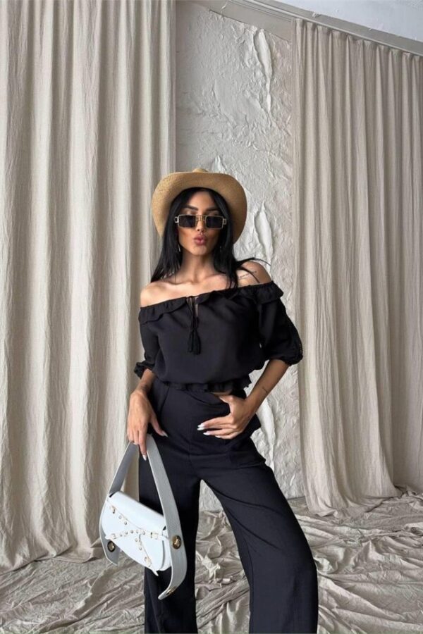 KETEN MADONNA YAKA KOL HASIR ŞERİT - PANTOLON TAKIM - Siyah