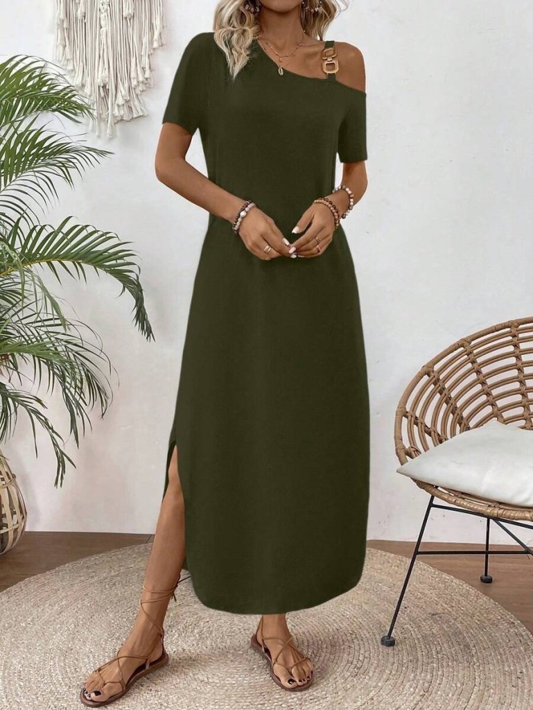 Kadın Tek Omuzdan Açık Toka Detaylı Yandan Yırtmaçlı Maksi Boy Viskon Elbise - Görsel 12